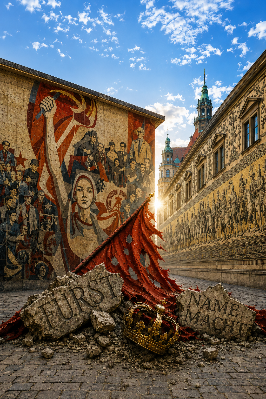 Dresdner Bildmotiv mit Mosaik, Fürstenzug, Krone und Trümmern